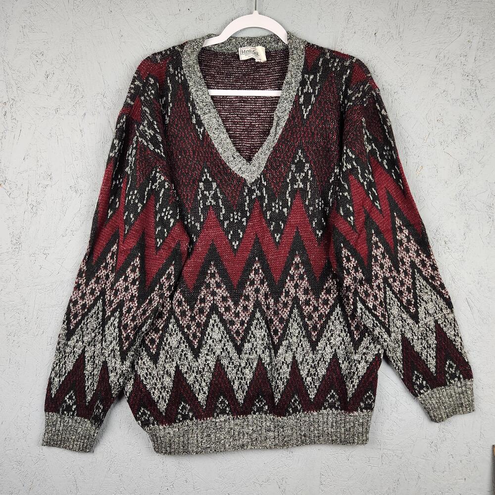 Vintage King Size Sweater Mens XL Tall Burgundy V Neck Chevron Knit Made USA 90s